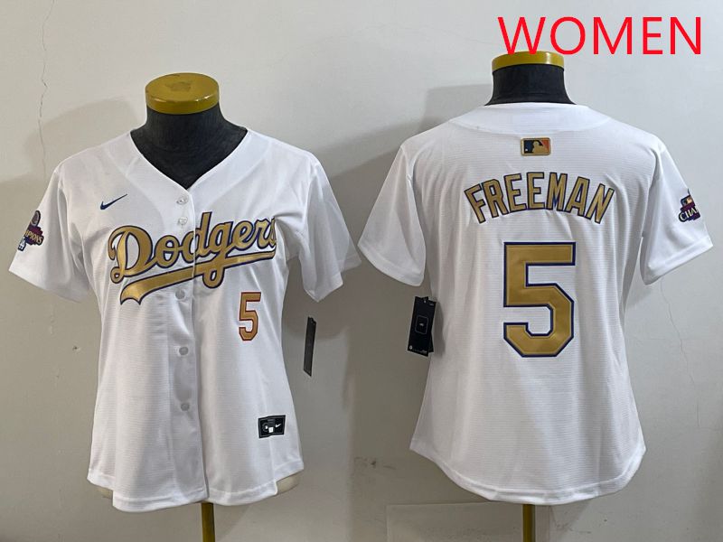 Women Los Angeles Dodgers #5 Freeman White Champion gold character 2025 Nike MLB Jersey style 5->women mlb jersey->Women Jersey
